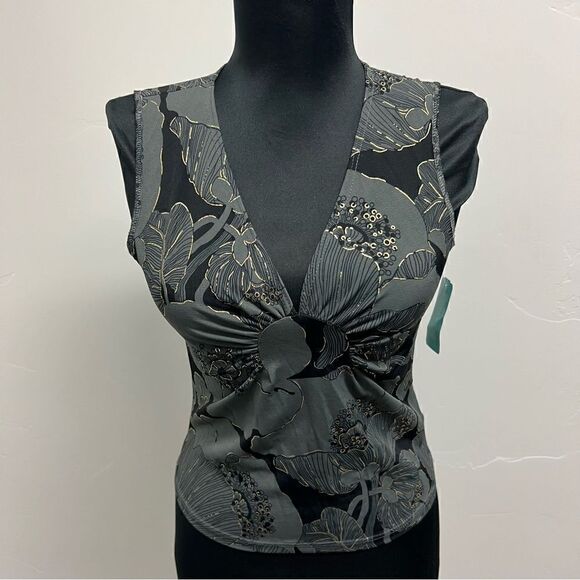 Vintage Y2K tank by forever 21 sz L NWT gray and metallic gold pattern v neck - Picture 1 of 12
